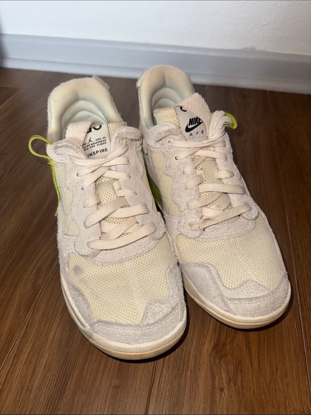 Women’s Nike Jordan Beige and Tan Low-Top Sneakers with Neon Pull Tab